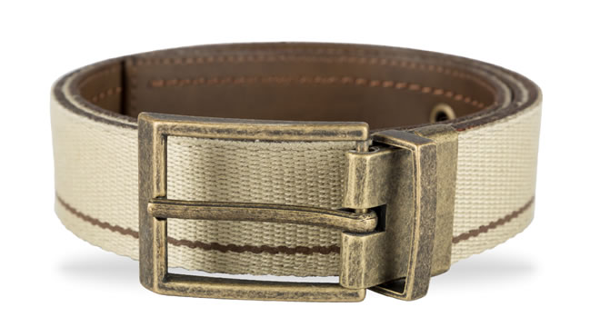 REVERSIBLE BEIGE POLYESTHER WEBBING AND BROWN LEATHER BELT