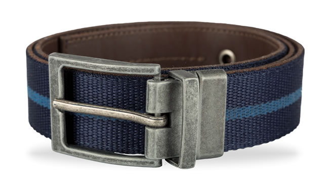 REVERSIBLE BLUE POLYESTHER WEBBING AND BROWN LEATHER BELT