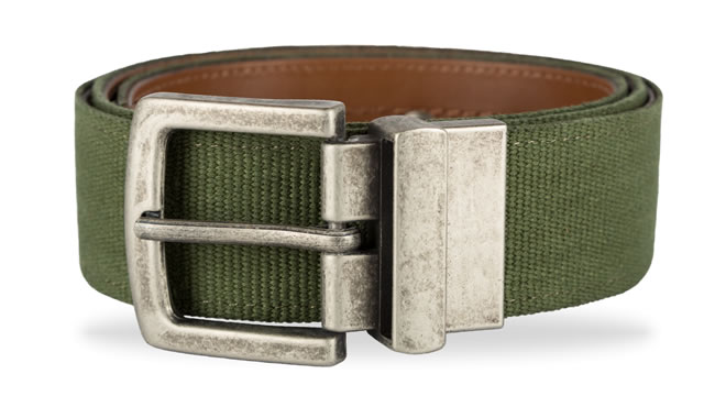 REVERSIBLE GREEN COTTON WEBBING AND HONEY LEATHER BELT